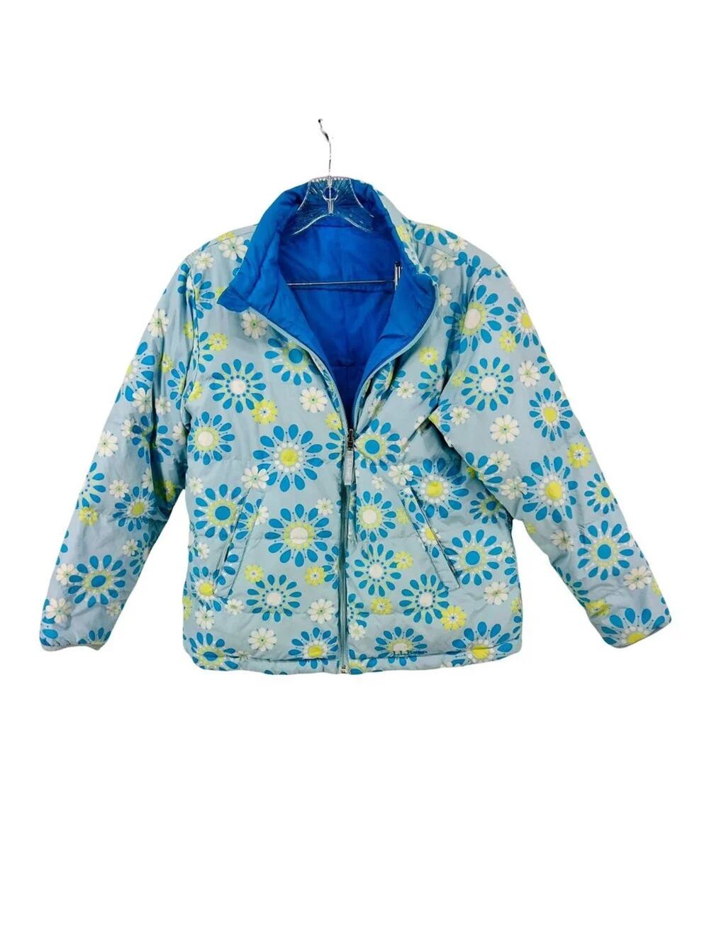 L.L. Bean Down Reversible Girls Blue Floral Puffer Coat Size Large